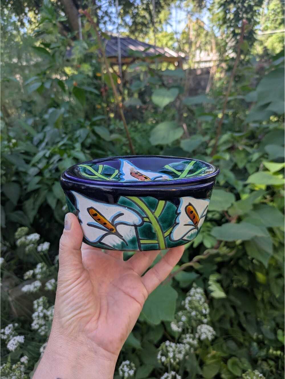 Hand Painted Glazed Terracotta Mexican Talavera Soap Dish, Calla Lily Pattern
